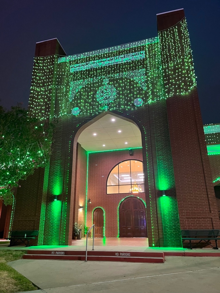 Al-Noor Society Central Masjid exterior at night on Prestwood Drive in Houston, TX
