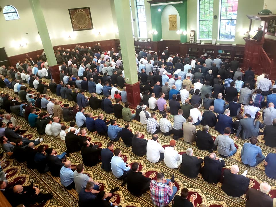 Prayer hall gathering inside Albanian American Islamic Center in Berkeley, Illinois