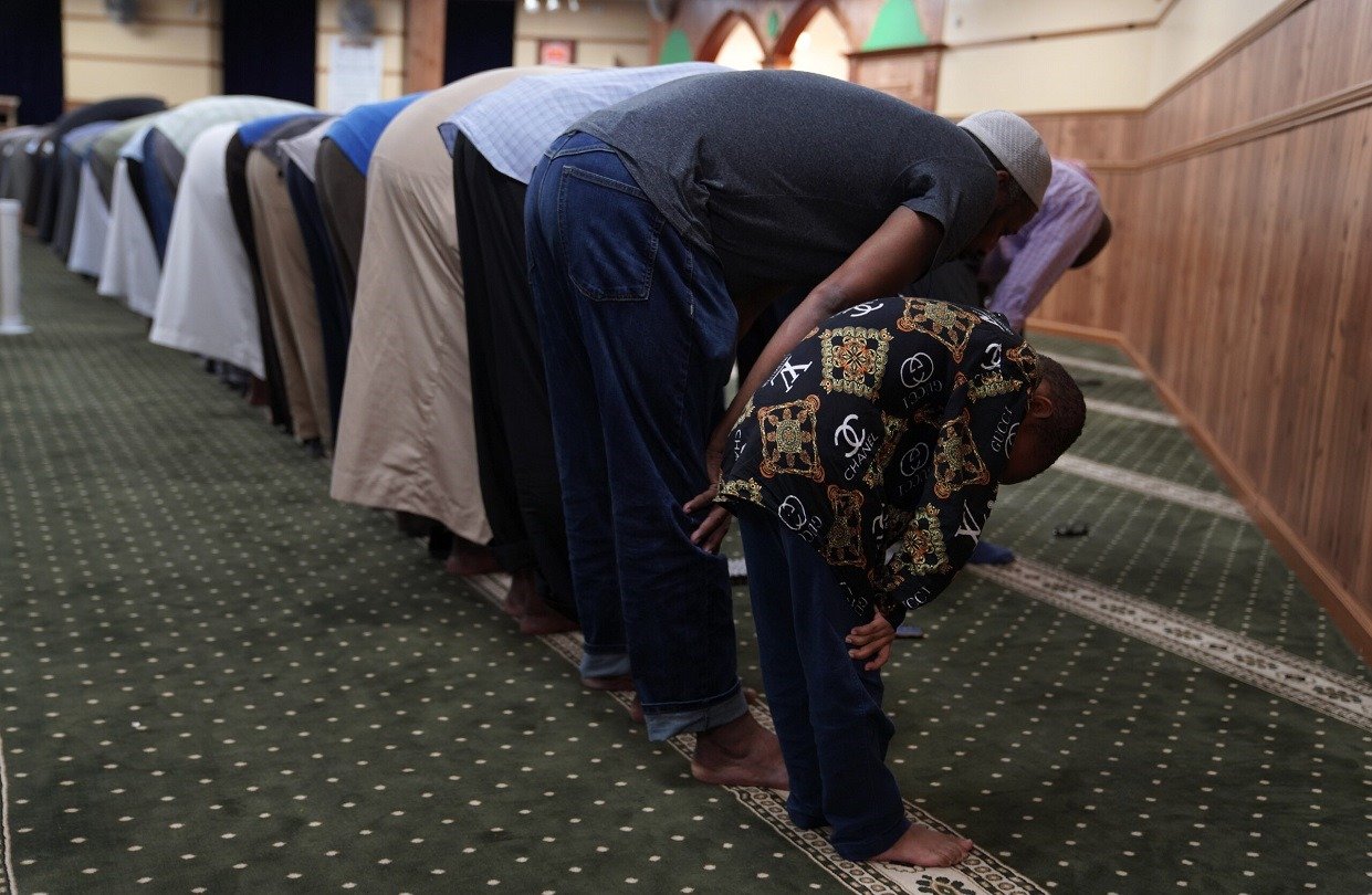 Congregants praying inside Darul Uloom Texas