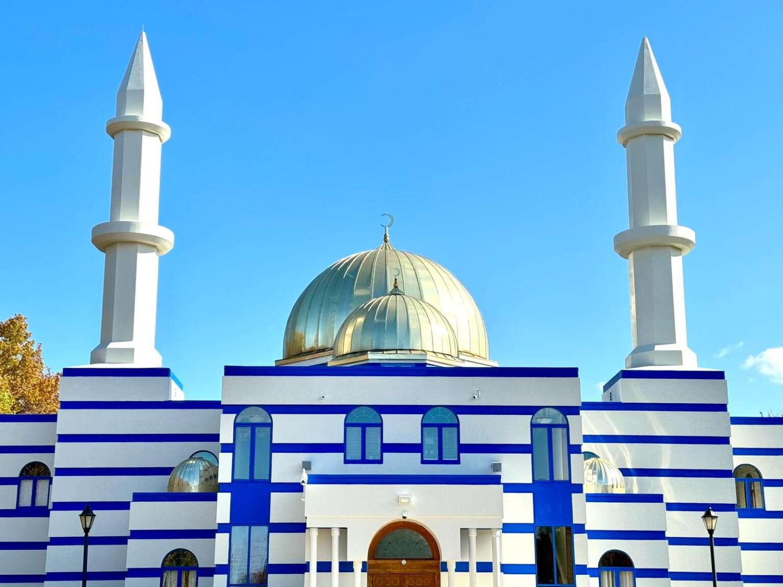 Islamic Center of Cleveland blue and white masjid exterior in Parma, Ohio