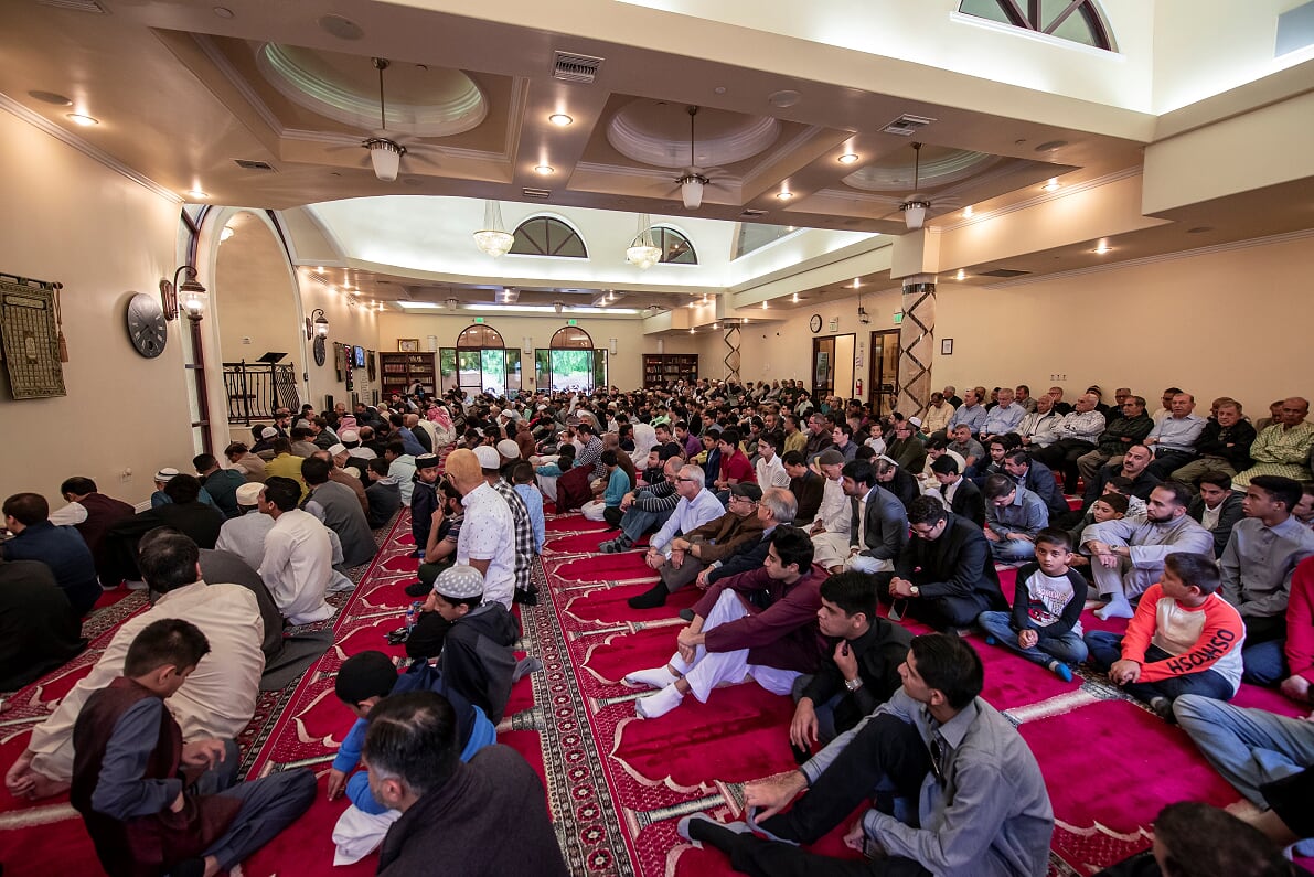 Congregants inside Islamic Center of Inland Empire prayer hall
