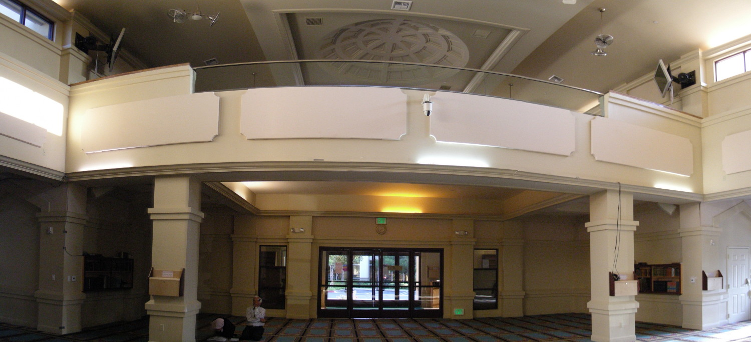 Wide view of the Islamic Center of Irvine prayer hall and upper level