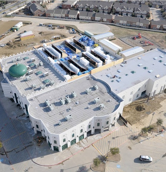 Aerial view of Islamic Center of Irving campus and construction phases