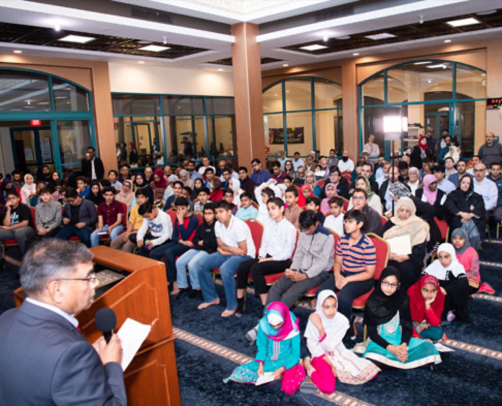 Islamic Center of San Gabriel Valley community gathering inside the Rowland Heights prayer space