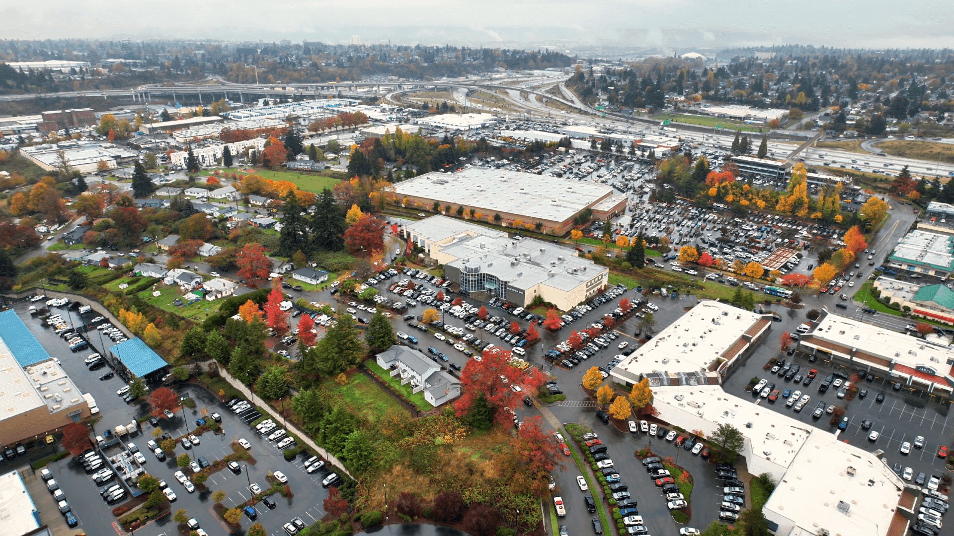 Aerial view of the Islamic Center of Tacoma campus and surrounding parking area