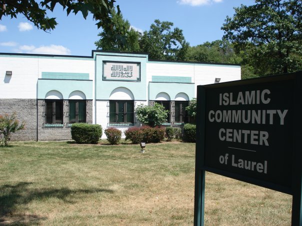 Islamic Community Center of Laurel exterior with teal trim and Arabic calligraphy panel