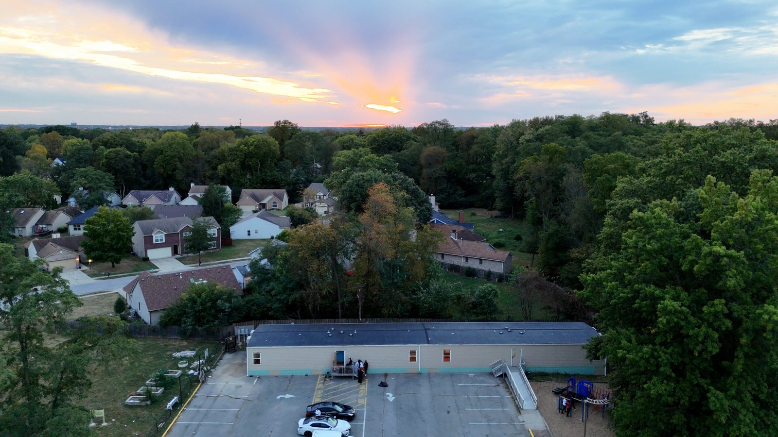Aerial view of the Masjid Al-Fajr and IMCA campus in Indianapolis
