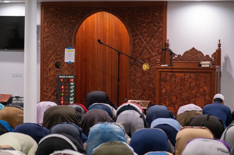 Congregants praying inside Masjid as-Salaam in Albany