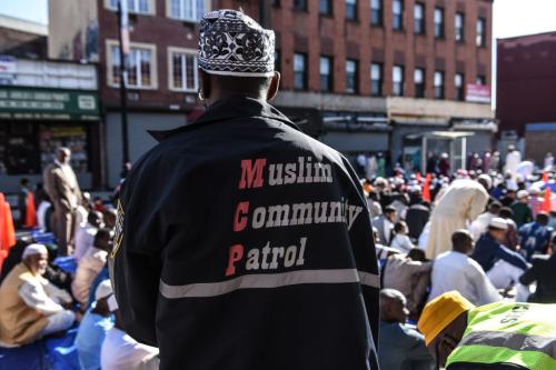 Muslim Community Patrol presence outside a Brooklyn community gathering connected to Masjid At-Taqwa