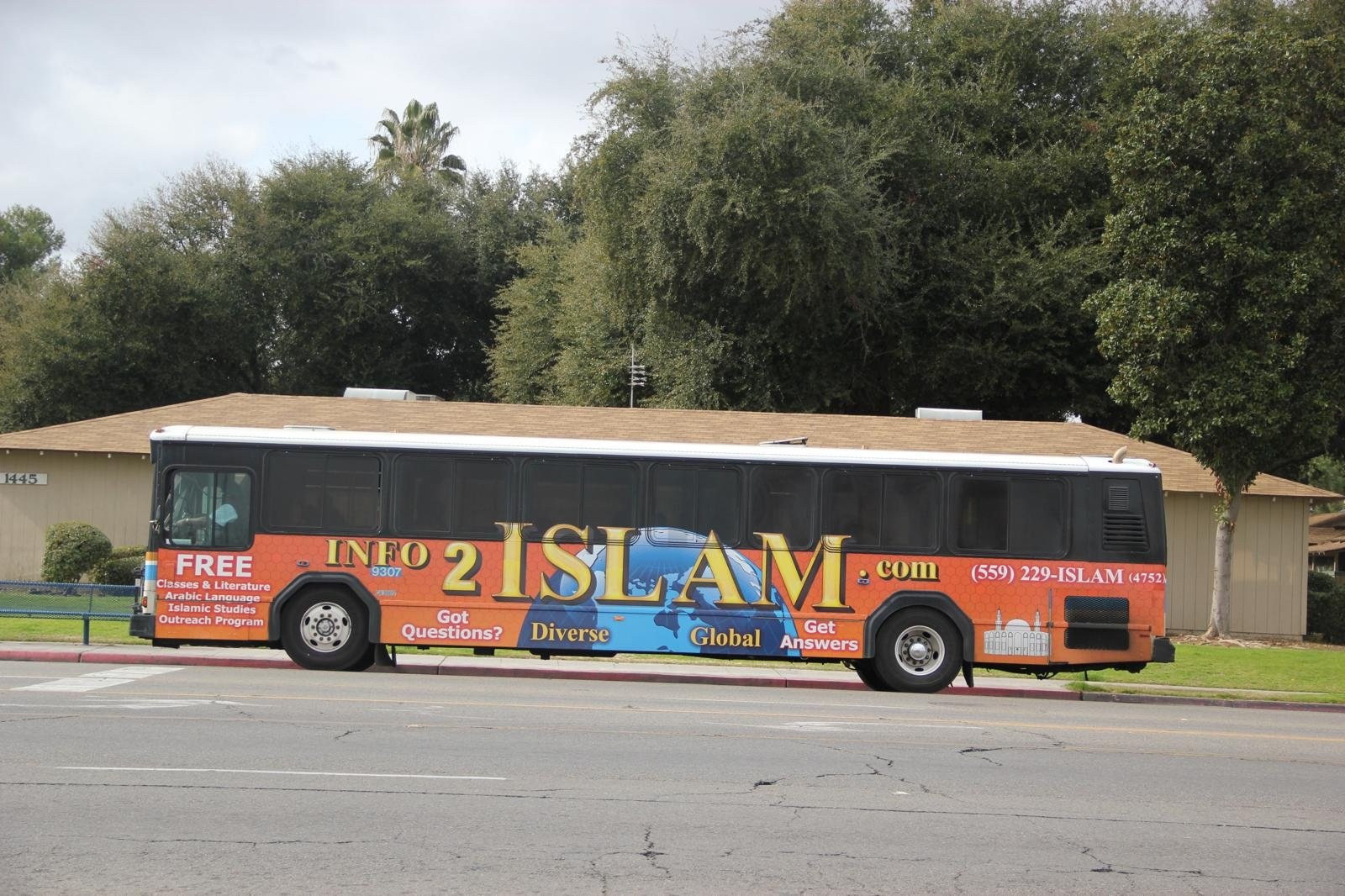 Masjid Fresno outreach bus with Info 2 Islam message in Fresno