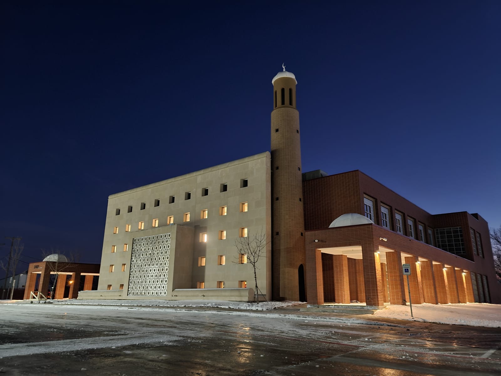 Mesquite Islamic Center exterior with minaret at dusk