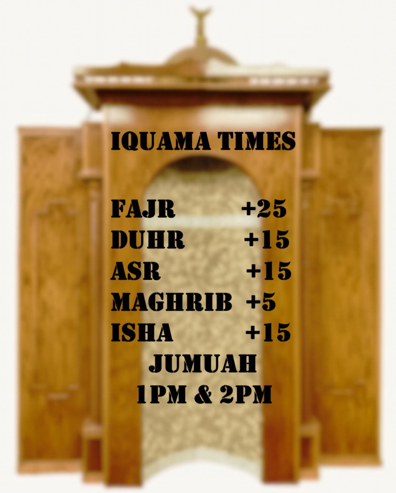 NHIC iqama times graphic with Jumuah times for New Haven Islamic Center