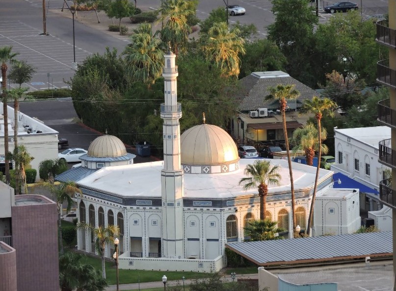 Aerial view of Tempe Mosque with dome and minaret near Arizona State University