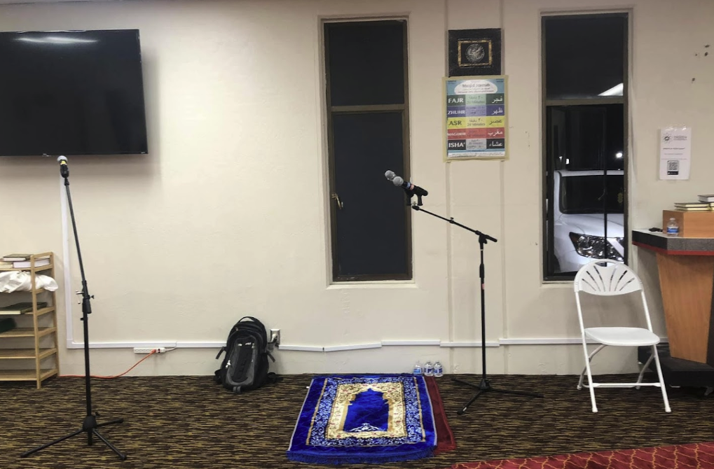 Yaseen Burlingame Center prayer area with microphone and prayer board in Burlingame, California